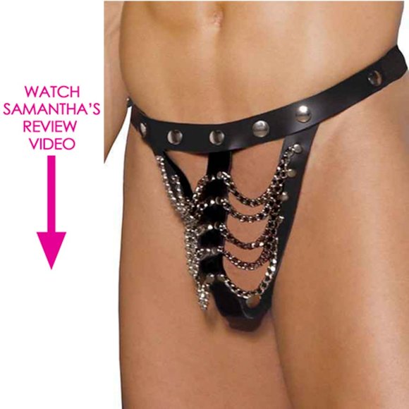 Unleash your inner sex God with this edgy leather and chain pouch & elastic back - Picture 3 of 9